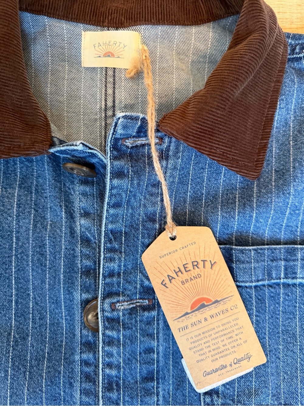 Faherty woman’s Blue Pinstripe Jeans Jacket with Brown Corduroy Collar